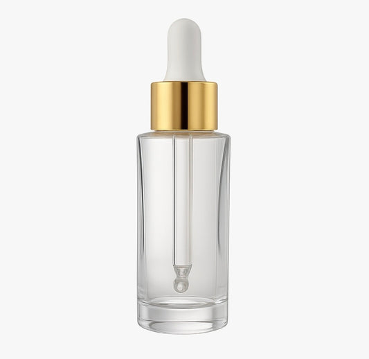 30ml Flat Shoulder Glass Serum Bottle with Gold Dropper